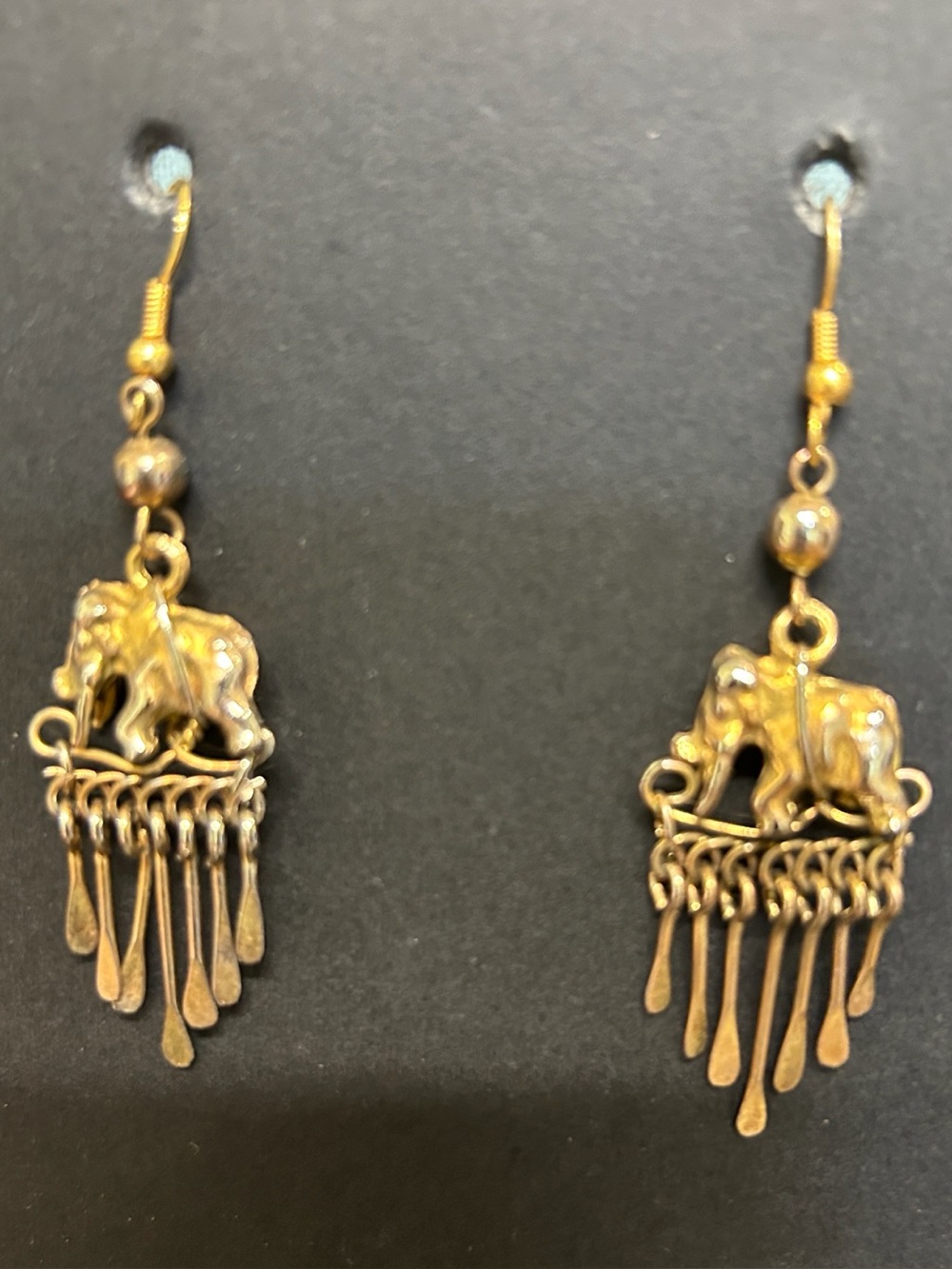 Vintage Gold Tone Puffy Elephant Dangle Earrings Fringe Boho Elephant Drop